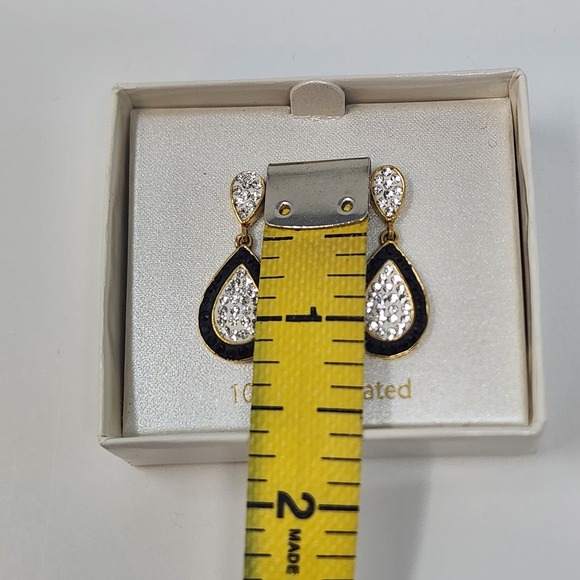 Black Clear Crystal 10K Gold Plated Dangle Drop Post Earrings Pierced Teardrop - Picture 4 of 6